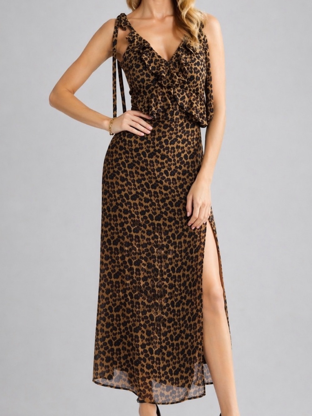 🆕🐆SAGE The Label Leopard Print Midi Dress Ruffle Tie Shoulder Slit Size L Party